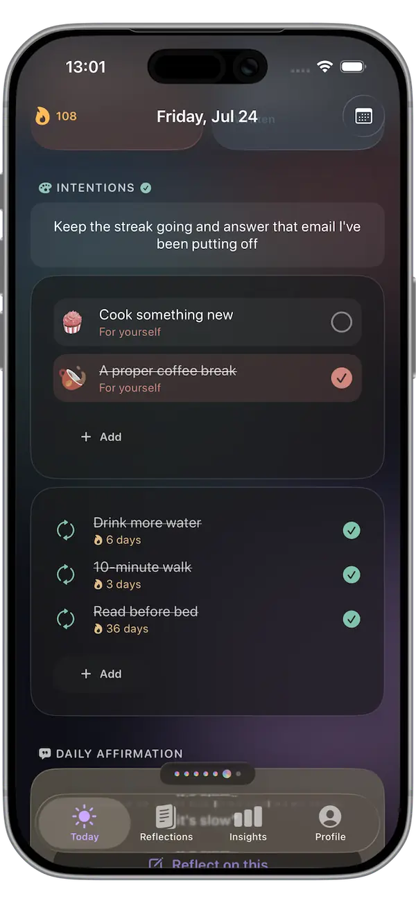 The irro today screen with the day's intention, activities and habits