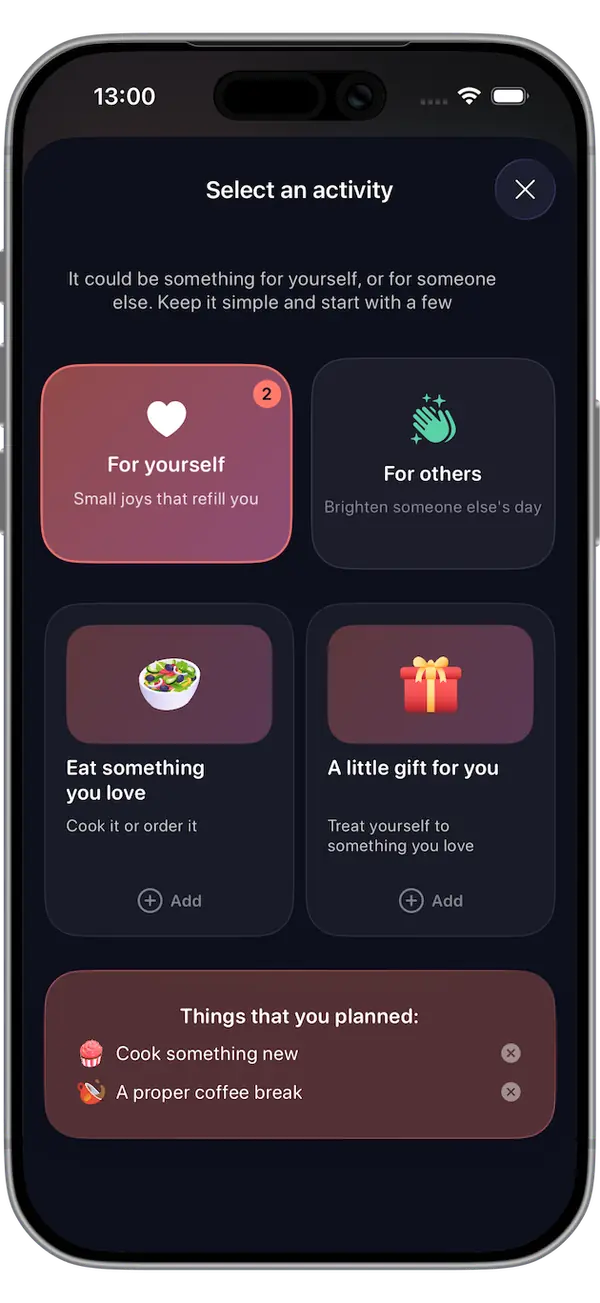 Picking a self-care activity for yourself in irro
